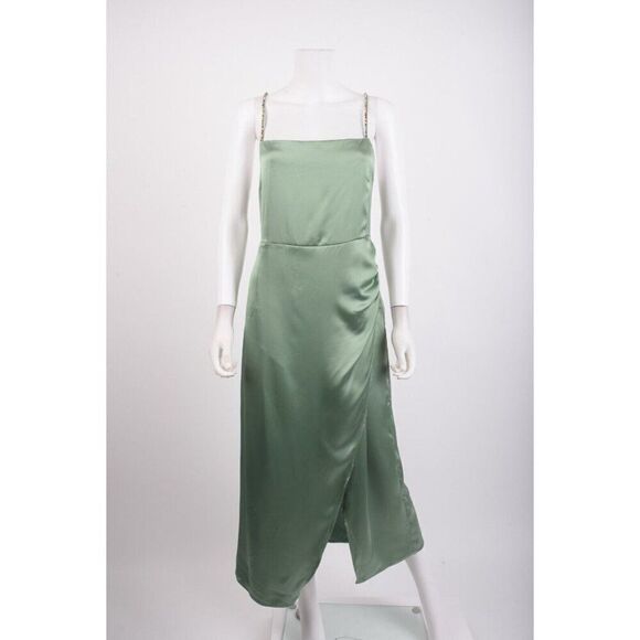 Zara Womens Midi Slip Dress XL Green Beaded Strap Satin Effect 7765/899 NWT - Picture 1 of 6